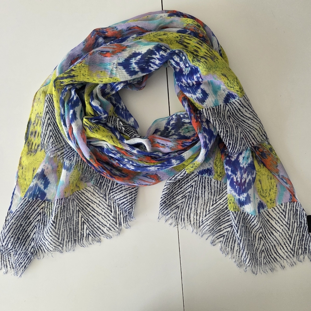 NWT Cejon Ikat Abstract Neon Sheer Gauze Scarf 41×76 Inches Blue Lime Orange‎
